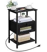OYEAL Nightstand with Charging Station Black End Table with Drawer Storage Shelf Small Sofa Side ...