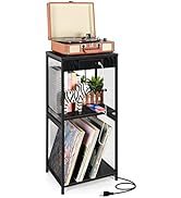 Vinyl Record Storage Holder, Black Nightstand with Charging Station 3 Tier Record Player Stand wi...