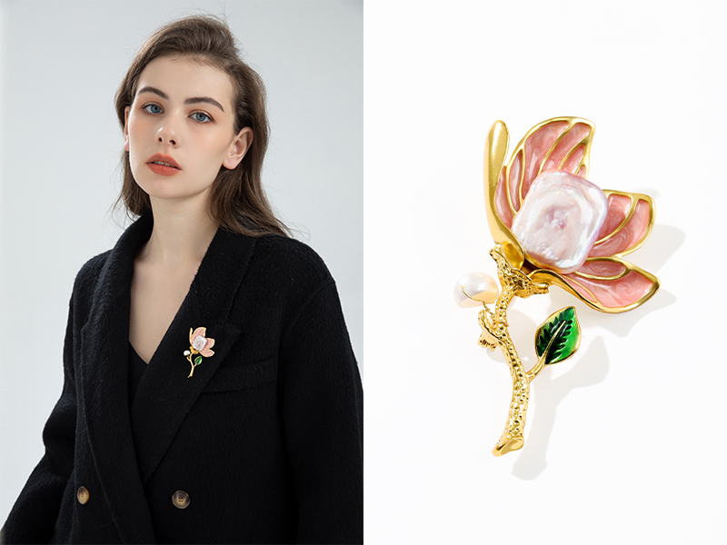 Model wearing tulip brooch