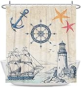 Coxila Nautical Sailboat Shower Curtain Beach Ship Map Pirate Light Ocean Lighthouse Compass Anch...