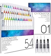 54 Watercolor Pens, 15 Page Pad & Online Video Tutorial Series by Chromatek. Real Brush Pens. 4 B...