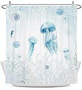 Coxila Beach Shower Curtain Ocean Coastal Jellyfish Starfish Seahorse Marine Life Coral Seashell ...