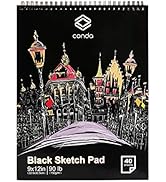 CONDA 9" x 12" Black Paper Sketchbook, 40 Sheets (90lb/150gsm), Double-Sided Spiral Sketch Pad, D...