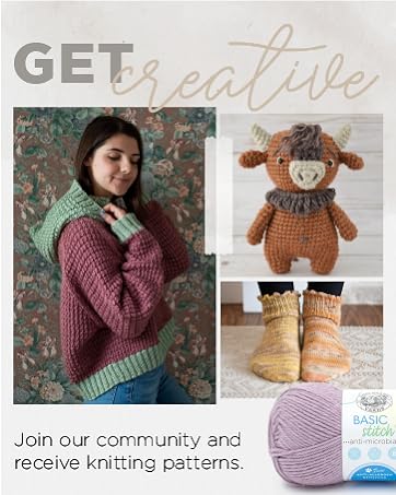 A girl in a chunky, thick yarn sweater beside a crochet bull and socks.