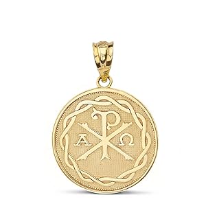 10k Yellow Gold Chi Rho Alpha Omega Symbol Medallion Round Pendant