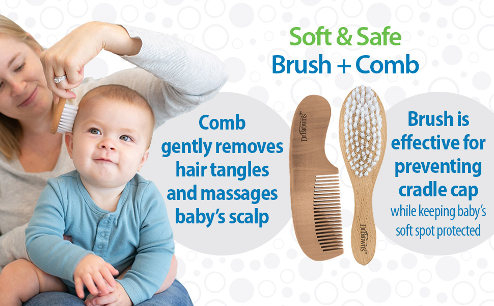 Soft and Safe Brush and Comb, Comb gently removes tangles, Brush prevents cradle cap