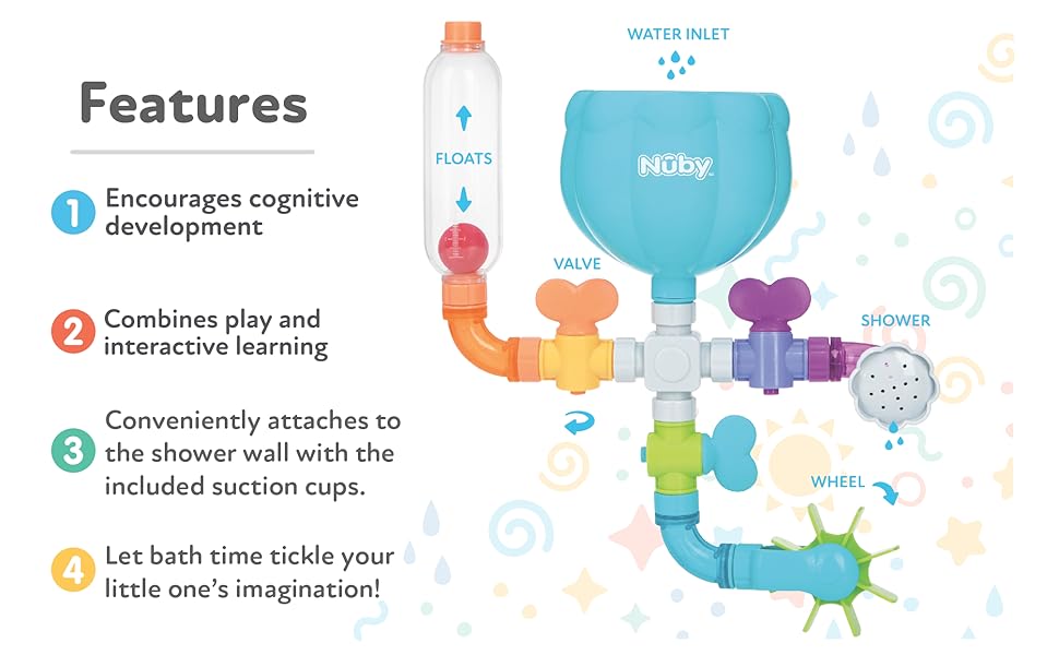 wacky waterworks, bath time, bath toy, play, development, learning, grow, fun, water