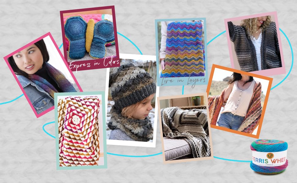 Knit projects made with Lion Brand yarn for crochet blankets and more. Text reads: Live in layers.