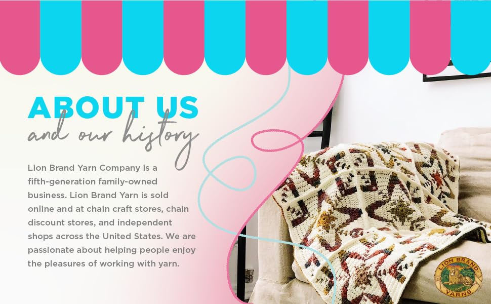Lion Brand and their yarn for knitting blankets and other projects. Text reads: About us.