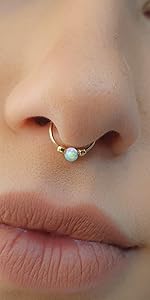 Gold fake septum hoop with white opal