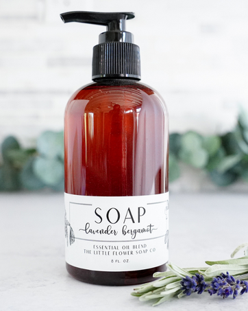 Liquid soap in minimalist amber bottle for neutral home decor by the little flower soap co Michigan