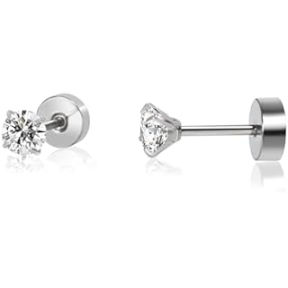 Titanium Earrings Screw Back Earrings for Women Toddler, Hypoallergenic Flat Back Stud Earrings Cubic Zirconia Studs for Cartilage Helix Tragus Piercing Jewelry (Silver, 3mm)