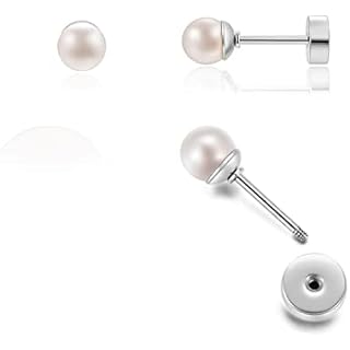Tiny Screw Back Pearl Stud Earrings for Girls,Flat Back Pearl Cartilage Earrings Pearl Helix Earrings 316L Surgical Steel Cartilage Piercing Jewelry Gift Set for Women Toddlers(4mm Pearl, Silver)