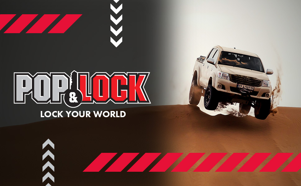 Pop & Lock logo, lock your world slogan next to a truck driving through a sand dune