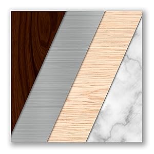 4 different desk surfaces: dark brown wood, stainless steel, light brown wood, white and grey marble