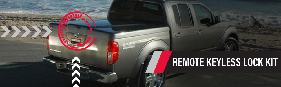 White and red arrows point to a truck’s, words remote keyless lock kit.