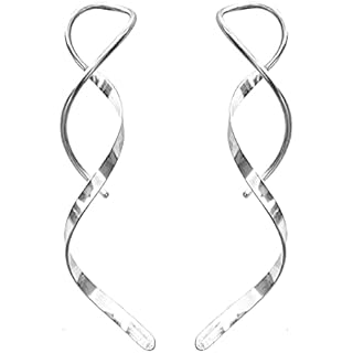 Spiral Threader Earrings for Women Handmade 925 Sterling Silver Spiral Earrings Twisted Curved Dangle Earrings Hand Bent Curved Hoop Earrings (Silver)