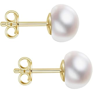 Handmade Freshwater Pearl Stud Earring, Gold Plated Sterling Silver Hypoallergenic Earrings for Women 7-7.5MM