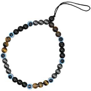 Phone Charm Ultimate Triple Protection Strap, Cute Evil Eye Wrist Lanyard Chain with Tiger Eye Hematite Black Obsidian Beaded Charms - Phone Wrist Strap for iPhone Android