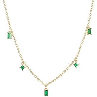 14k Gold Dainty Emerald Green Dangle Choker Necklace for Women, Non-Tarnish Emerald Pendant Station Birthstones, 14-16 inches