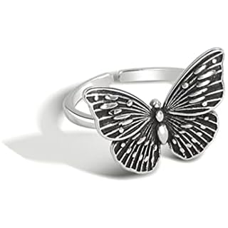 BoKIIWAY 925 Sterling Silver Butterfly Ring for Women-Vintage Style Statement Bohemian Dainty Butterfly Open Adjustable Ring for Women (Butterfly Ring)