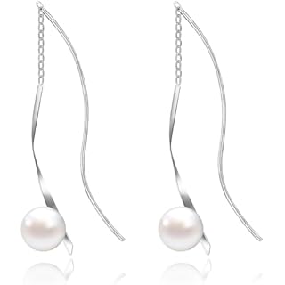 Handmade Spiral Threader Earrings, Freshwater Cultured Pearl Drop Dangle Earrings Long Tassel Sterling Silver Earrings for Women