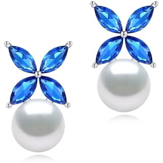 BAMIKI Clover Pearl Earrings for Women, 5A Created Sapphire Horse-Eye Flower with 925 Sterling Silver Freshwater Cultured Pearls Stud Earrings, Ladies Jewelry Fashion Stud Earrings Sapphire Blue