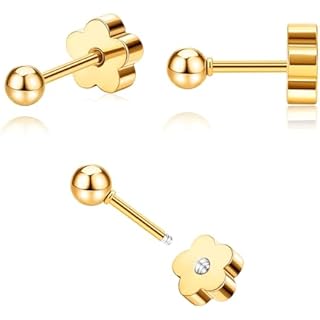 Enticera G23 Titanium Flower Screw Back Ball Earrings for Sensitive Skin 14k Gold Ball Stud Earrings for Women 20g Hypoallergenic Handmade Nap Earrings for Cartilage Piercing 2-4mm (Gold Tone, 2mm)