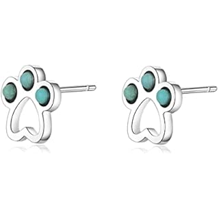 Gemstone Turquoise Paw Stud Earrings - S925 Sterling Silver Natural Crystal Earrings Studs, Paw Print Earrings for Women Girls