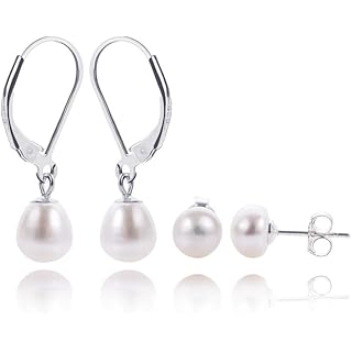 Keenove 10 Year Old Girl Birthday Gifts Idea 2 Pairs Freshwater Pearl Sterling Silver Earrings for Women Both Dangle and Stud Type Hypoallergenic Trendy