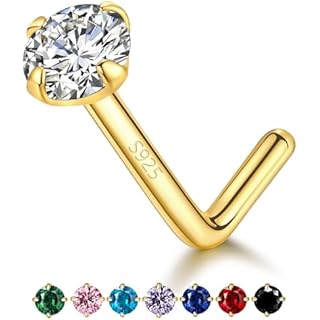 14k Gold Plated Sterling Silver Small L Shaped Nose Rings Studs for Women Men 20g, 20 Gauge Nostril Nose Piercing Jewelry, Hypoallergenic Gold Nose Stud with Tiny CZ Diamond