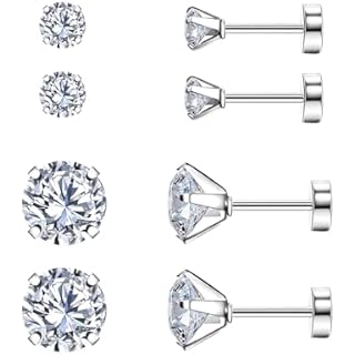 SmileBelle 2 Pairs 20G Small Flat Back Stud Earrings for Women Tiny Cubic Zirconia Screw Back Earrings for Girl Titanium Nap Earring Cartilage Tragus Helix Piercing Jewelry Gift (3mm, 5mm, Silver)