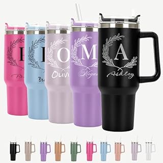 Initial Split Monogram Personalized Tumbler 40 oz Laser Engraved, Insulated Cup with Handle, Lid and Straw, Custom Initial Tumbler, Unique Initial Cup Gifts for Men Women, Wedding Gifts