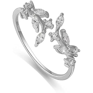 Meissa Sterling Silver Ring for Women Wrap Around Olive Leaf Branch Ring Adjustable Handmade Ring Paved Cubic Zirconia Stone Stackable Open Rings (Silver)