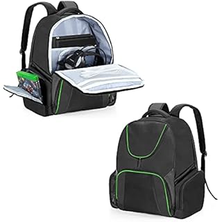 CURMIO Travel Backpack Compatible for Xbox Series S, Xbox One/ One S/ One X, Xbox 360/ 360 Slim, Carrying Case for Game Console, Controllers and Accessories, Green Stripe (Bag Only, Patent Pending)