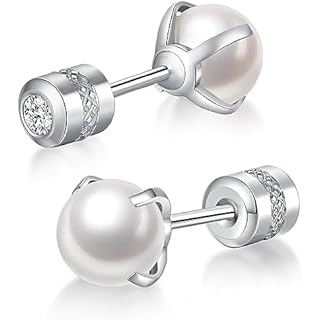 Pearl Earrings for Women,Hypoallergenic Gold Plated Pearl Stud Quality Freshwater Cultured Earrings Round Cubic Zirconia Studs (6mm)