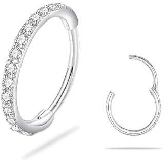 SmileBelle 20G Silver Hinged Nose Rings Hoops for Women, 316L Surgical Steel Clicker Septum Ring, Hoop Huggie Earrings for Upper Lobe Cartilage Helix Piercing Jewelry (8mm, Cubic Zirconia)