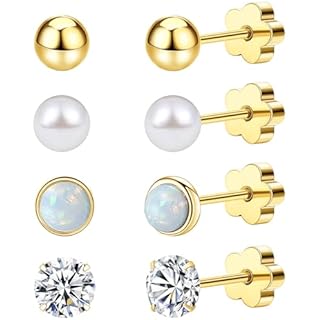 Enticera 4Pairs Flat Back Earrings for Women 14K Gold Hypoallergenic Cartilage Earring for Sensitive Skin CZ Opal Heart Star Ball Screw Back Nap Earrings for Helix Piercing Gold StyleA