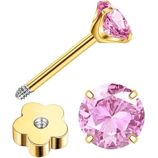 Enticera 3mm Handmade G23 Titanium Flat Back Earrings 14k Gold Plated Small 5A+CZ Cartilage Earrings Studs Hypoallergenic Screw Back Nap Earrings Women Helix Tragus Piercing Jewelry Pink