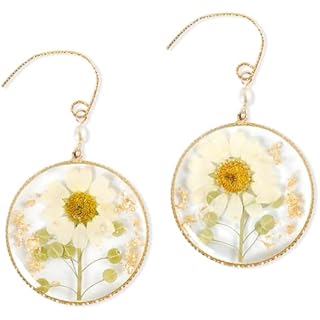 Lylata Pressed Daisy Handmade Women Earrings, Dried Flower Round Dangle Earrings, Decorated with Pearl & Gold Flakes, Gold Plated Trendy Jewelry, Gift for Lady