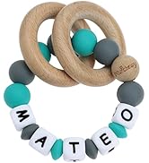 Munchewy Personalized Baby Rattle Teether Ring with Name-Grey/Turquoise