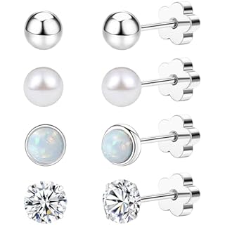 Enticera 4Pairs Flat Back Earrings for Women 14K Gold Hypoallergenic Cartilage Earring for Sensitive Skin CZ Opal Heart Star Ball Screw Back Nap Earrings for Helix Piercing Silver StyleA