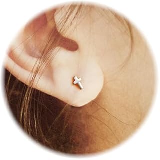 Enticera 14K Gold Stud Earrings for Women 20g Leaf Cross Bar Handmade Flat Back Earrings Hypoallergenic Nap Screw Back Cartilage Earrings Silver Cross