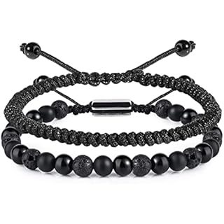 CARITATE Black Beaded Bracelet Rope Bracelets for Men Women - Natural Black Obsidian Onyx Lava Rock Mens Bracelet Set for Couples - Valentines Day Birthday Gifts Mens Jewelry for Boyfriend Husband Him