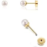 6mm Pearl Stud Earrings Flat Screw Back,14K Gold Pearl Cartilage Helix Earrings Hypoallergenic 316L Surgical Steel Piercing J