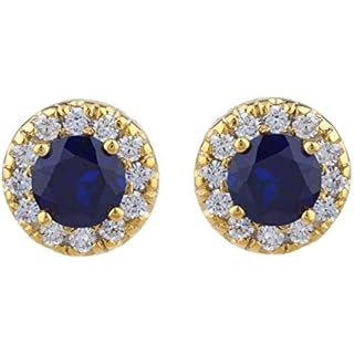 14Kt Gold 1 Ct Created Blue Sapphire Halo Design Stud Earrings