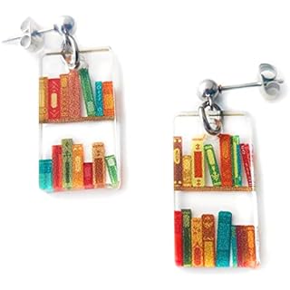 Bookcase Stud Earrings Small Mini Dangle with Book Shelves Patterned Acrylic Hypoallergenic