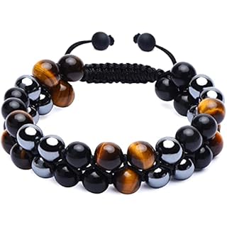 GENASTO Healing Crystals Tigers eye Black Obsidian Hematite 8mm Stone Beads Good Luck Triple Protection Bracelet for Men Women
