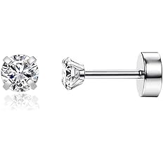 2mm Tiny CZ Cartilage Eearrings,Flat Screw Back Cubic Zirconia Stud Earrings Helix Earrings Hypoallergenic Steel Flatback Car