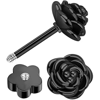 Enticera 14k Gold Plated Handmade Flower Flat Back Earrings Screw Back Cartilage Earrings Studs Hypoallergenic Nap Earrings Women Helix Piercing Black